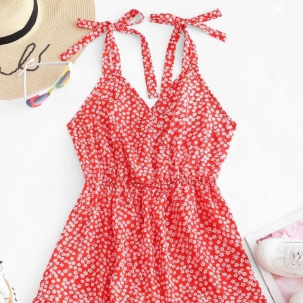 ZAFUL Floral Tie Shoulder Flounce Mini Dress Red M